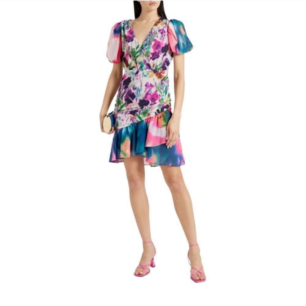 One33 Social Ruched Floral Print Crepe de Chine Dress Size 12